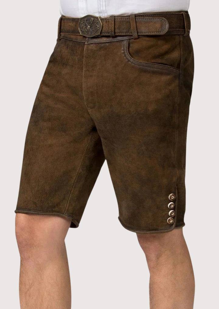 Men’s traditional brown leather lederhosen shorts with rustic finish and side buttons.