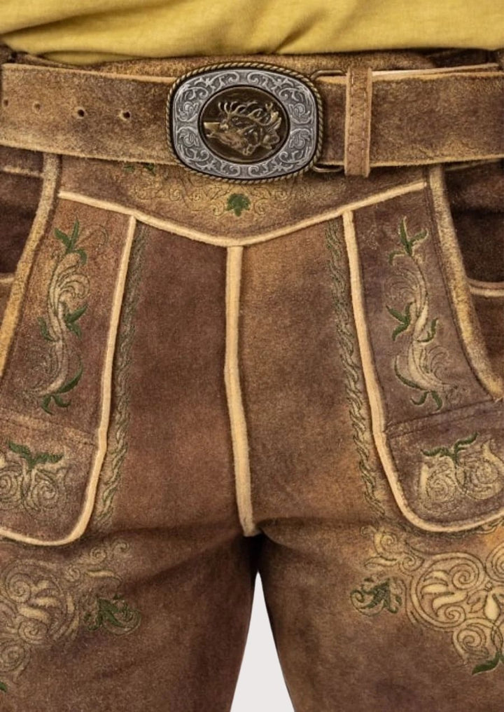 Traditional Bavarian men's Lederhosen with intricate embroidery and high-quality leather, ideal for Oktoberfest and weddings.