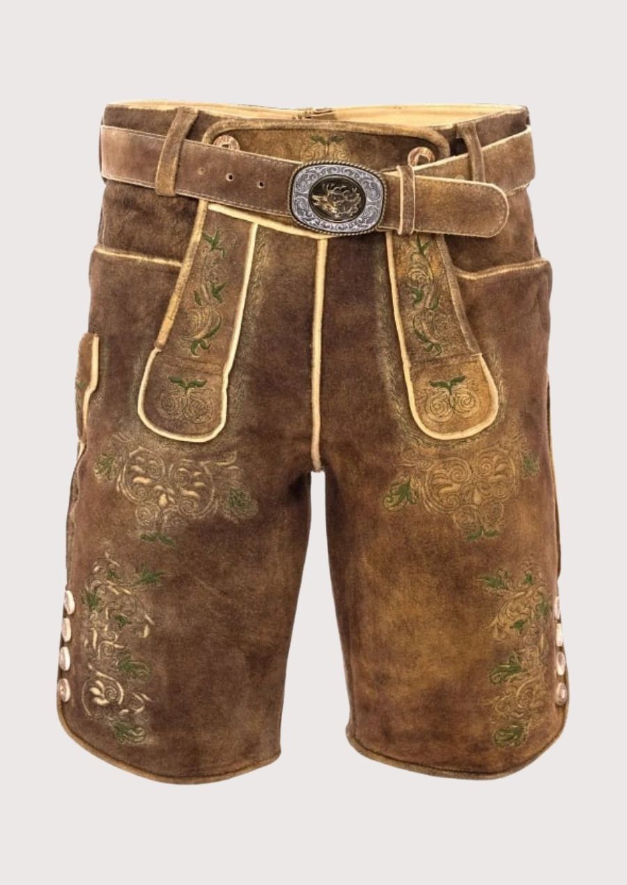 Authentic men's Lederhosen with green floral embroidery, crafted from premium leather for Oktoberfest and cultural festivals.