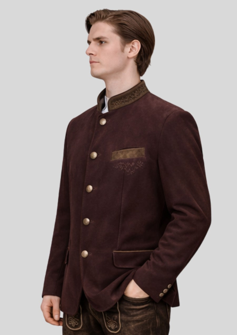 Authentic Bavarian janker jacket for men paired with traditional lederhosen outfit