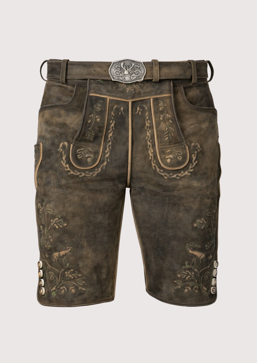 Brown leather shorts with floral embroidery and a belt on a white background