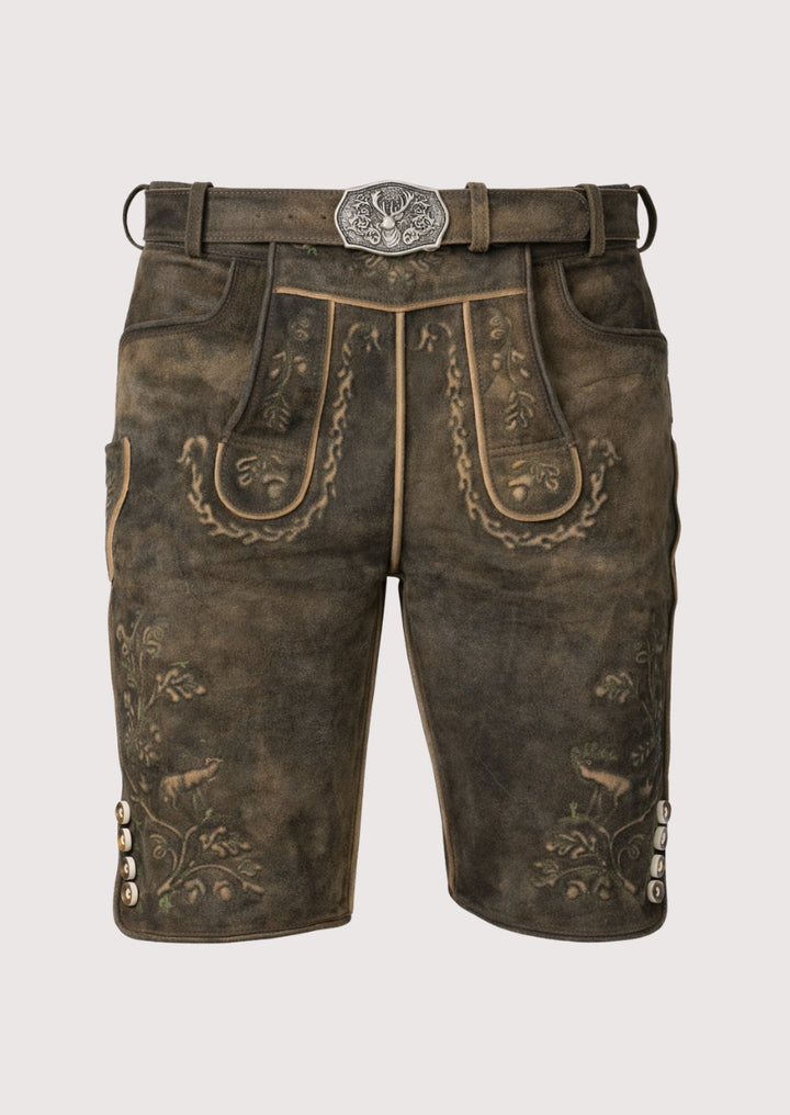 Brown leather shorts with floral embroidery and a belt on a white background