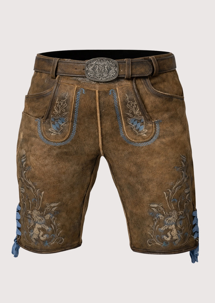Brown leather shorts with blue embroidery and a belt on a light gray background