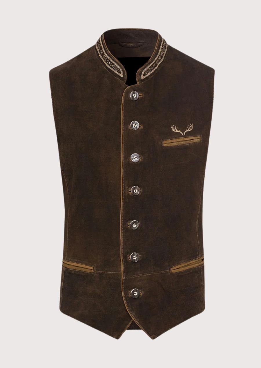 Modern Bavarian Vest – Tailored German Fit with embroidered antler design and silver-tone buttons for a classic Oktoberfest look.
