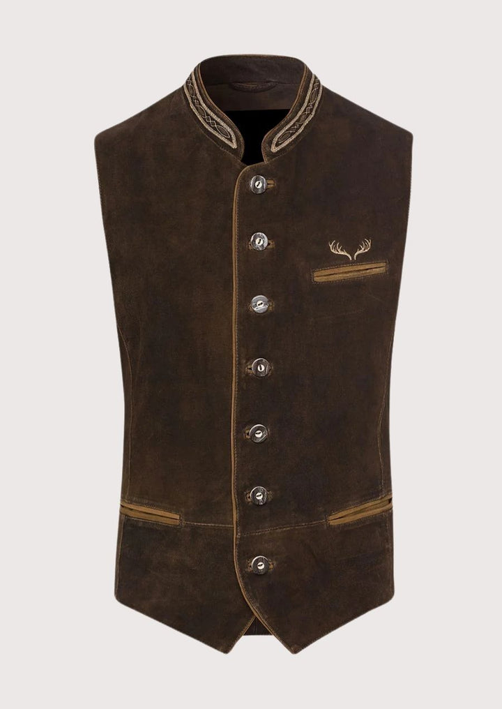 Modern Bavarian Vest – Tailored German Fit with embroidered antler design and silver-tone buttons for a classic Oktoberfest look.