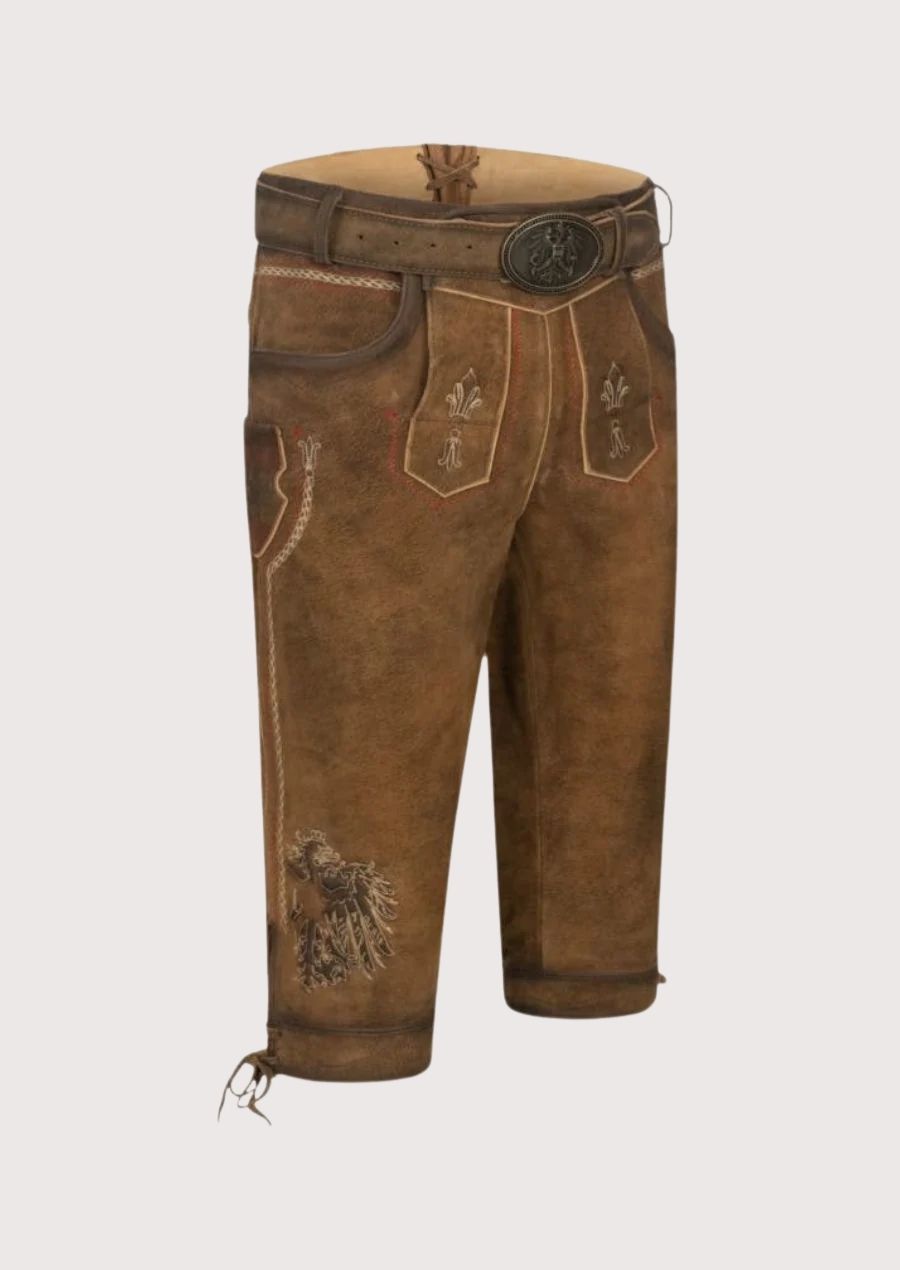 Fashion-forward men's Bundhosen made from durable leather, featuring adjustable cuffs and intricate embroidery for a custom fit.