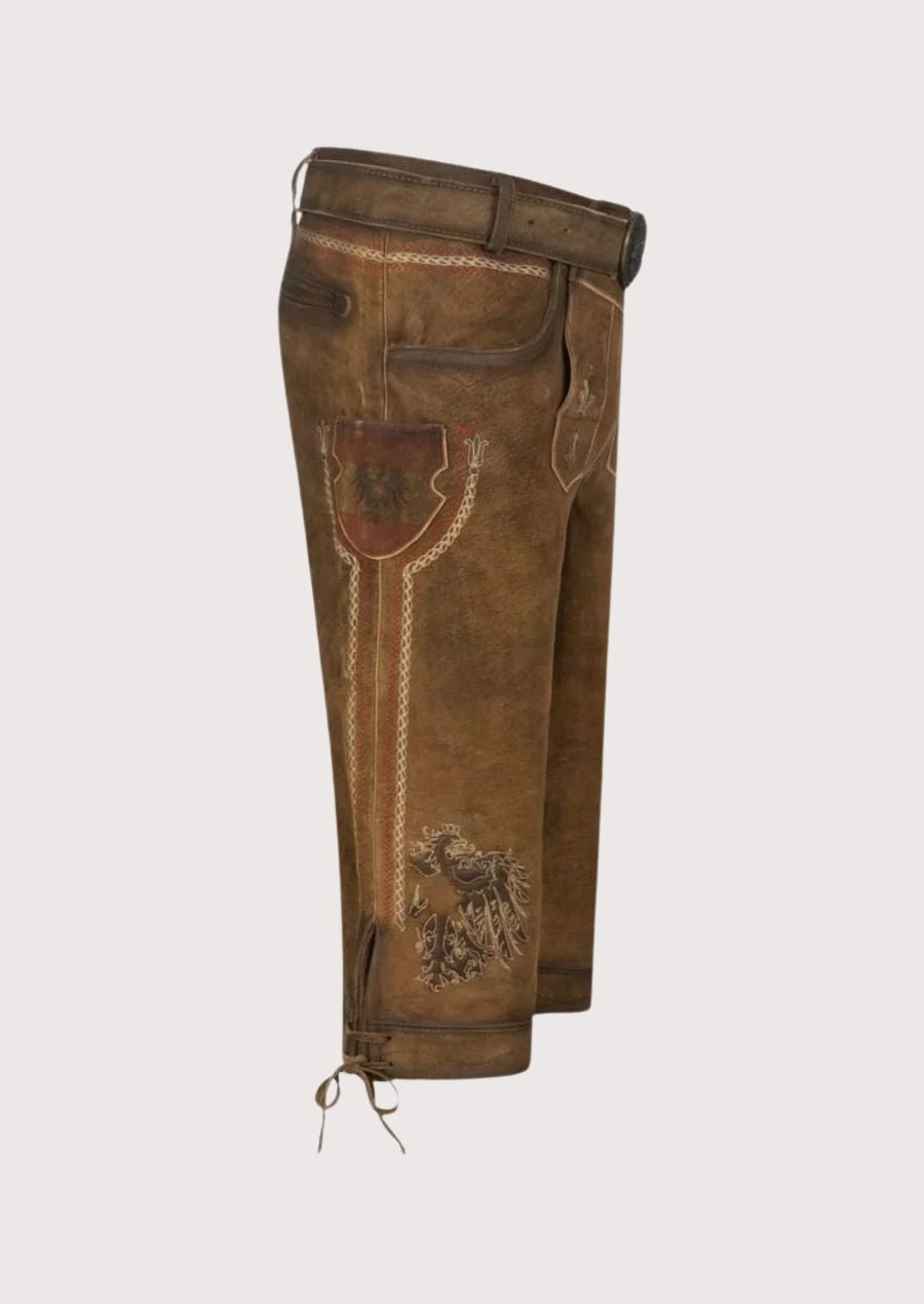 Premium leather men's Bundhosen with traditional embroidery, designed for comfort and style in cold weather.