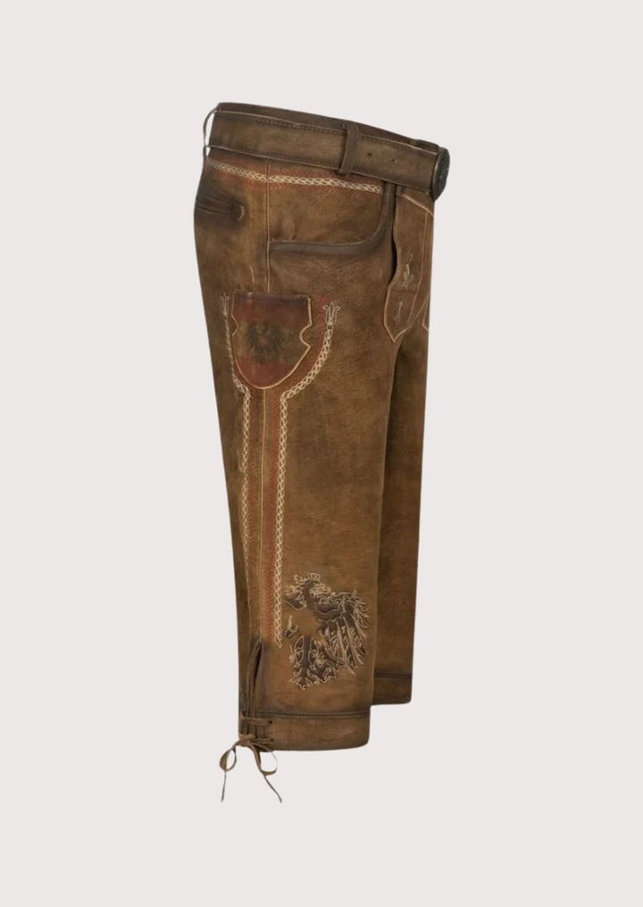 Premium leather men's Bundhosen with traditional embroidery, designed for comfort and style in cold weather.