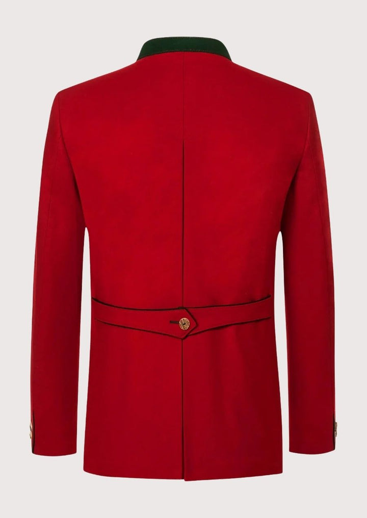 Authentic Bavarian Craftsmanship: Red Modern Trachten Jacket with Rustic Buttons