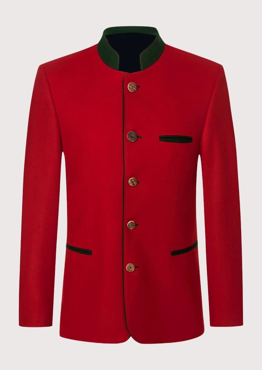 Modern Trachten Jacket for Men in Red with Green Collar - Perfect for Oktoberfest