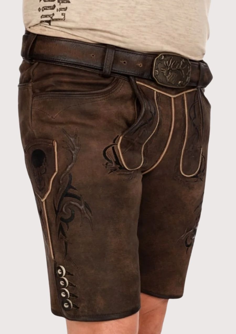 Premium leather Bavarian-style lederhosen with deer buckle for festivals
