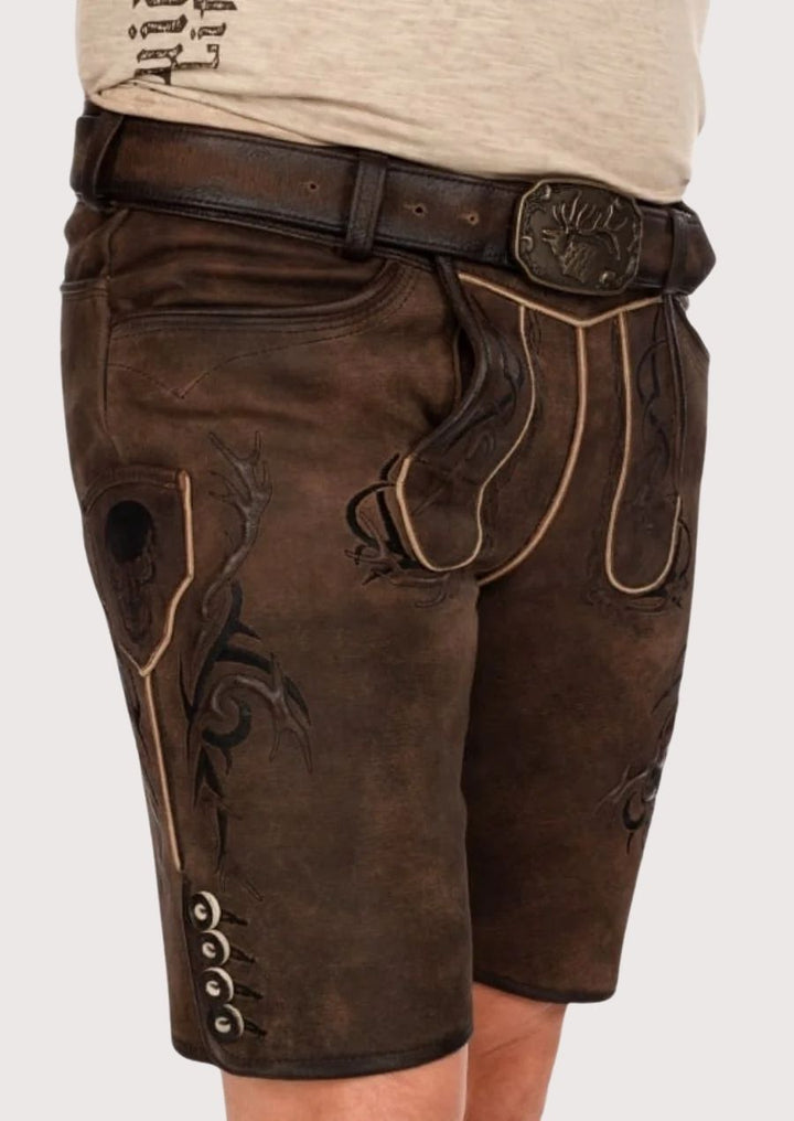 Premium leather Bavarian-style lederhosen with deer buckle for festivals