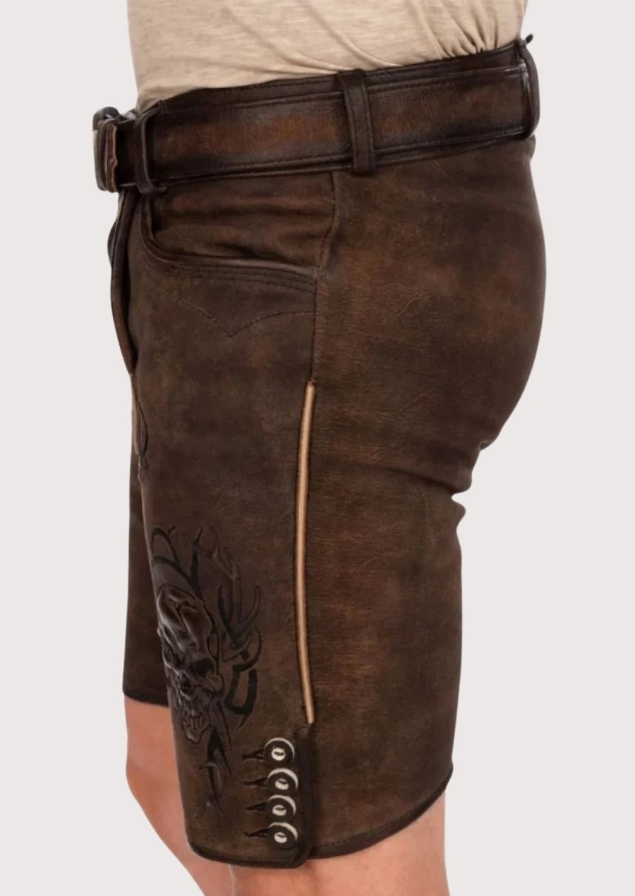 Authentic Oktoberfest lederhosen with tribal designs and adjustable waist