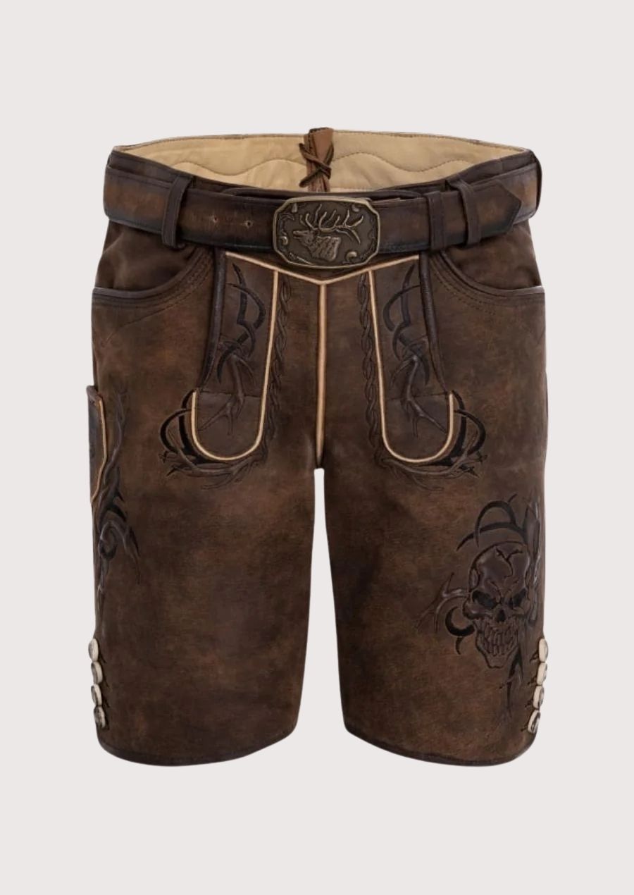 Men’s Lederhosen with tribal and skull embroidery for Oktoberfest celebrations
