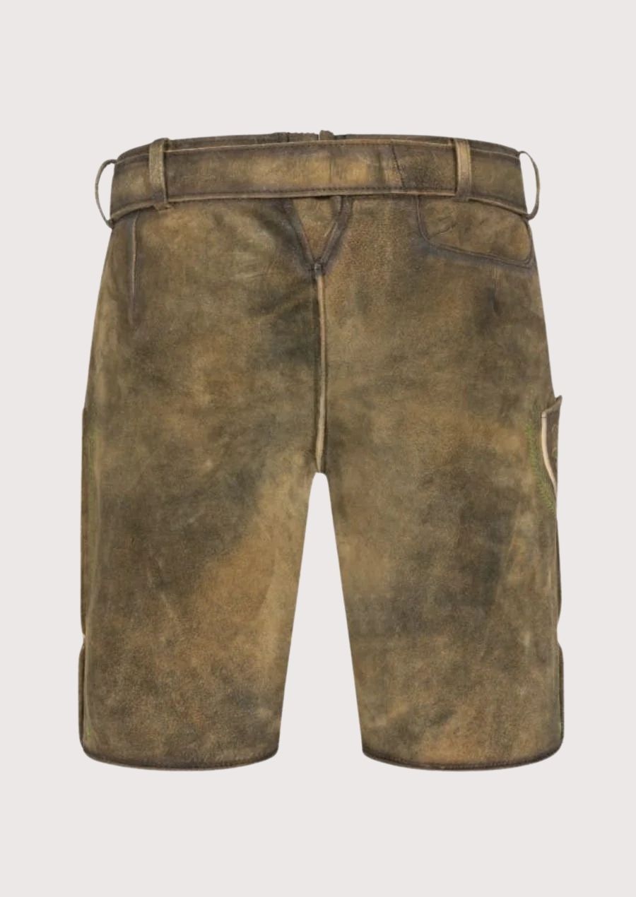 German-style men’s lederhosen for Oktoberfest – featuring green embroidered details, rustic finish, and traditional Bavarian craftsmanship.