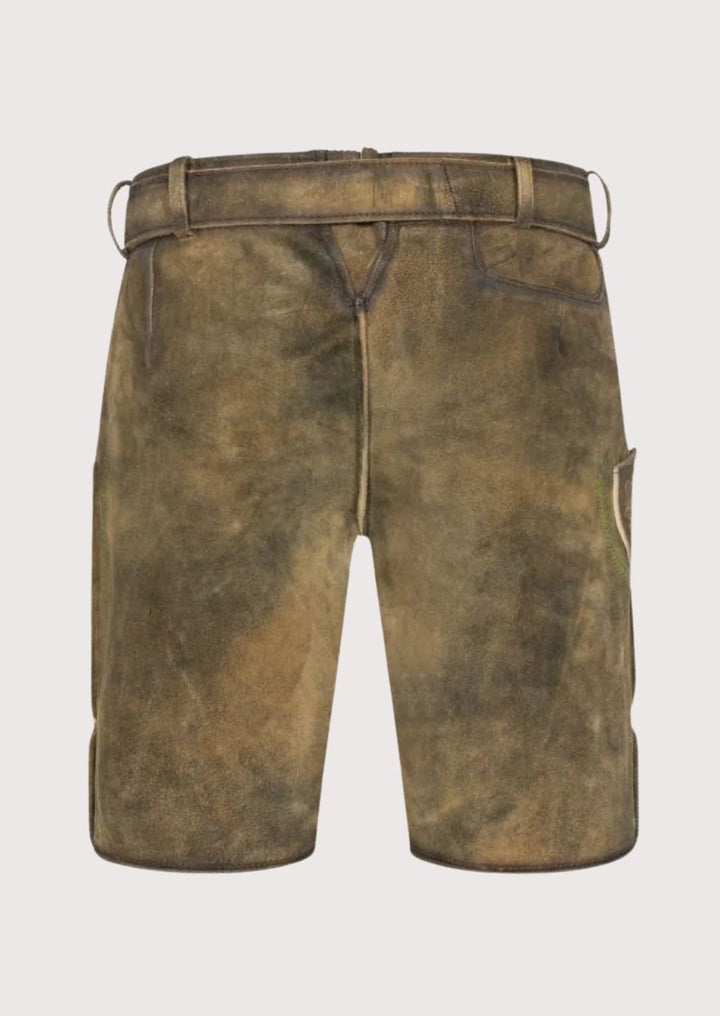 German-style men’s lederhosen for Oktoberfest – featuring green embroidered details, rustic finish, and traditional Bavarian craftsmanship.