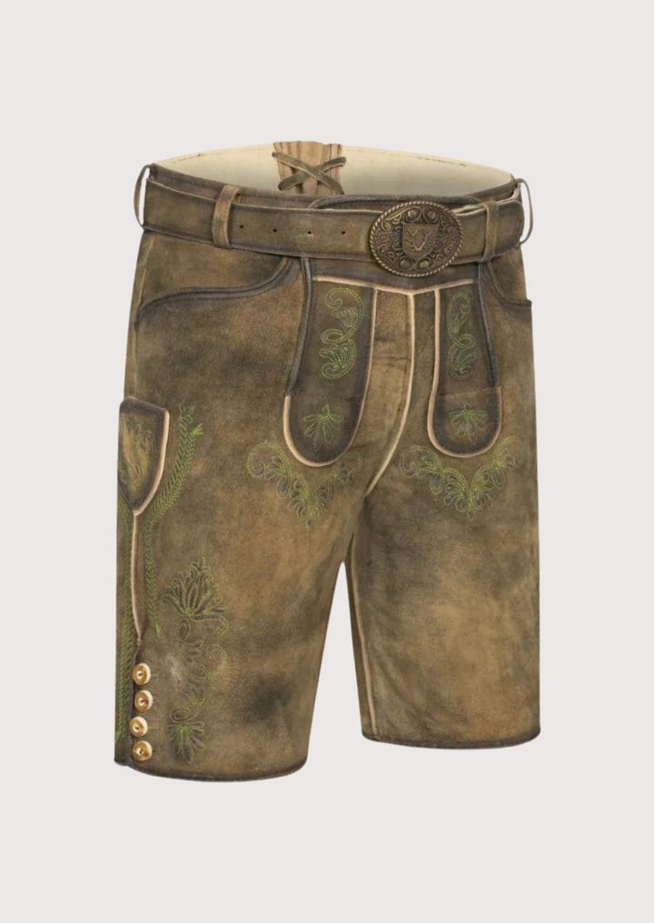 Authentic Bavarian leather lederhosen for men featuring antique belt buckle and detailed floral stitching – ideal for Oktoberfest attire.