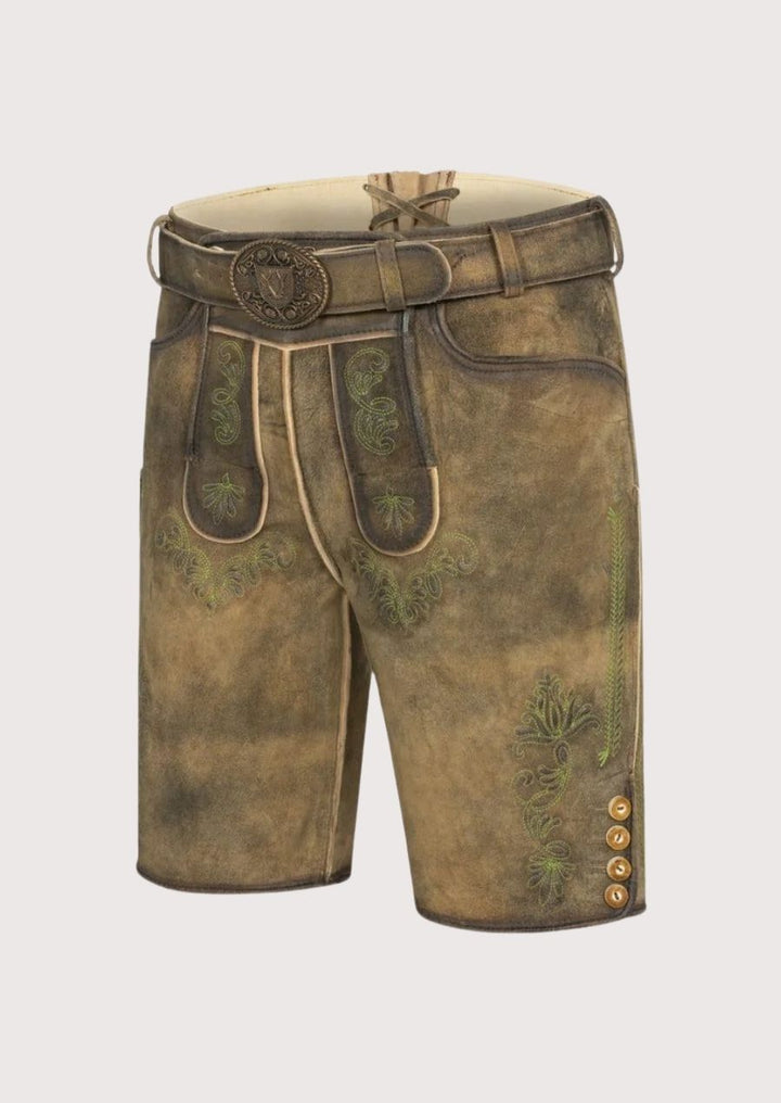 Men’s Oktoberfest lederhosen with green thread embroidery and vintage brown leather – perfect for German cultural festivals and folk events.