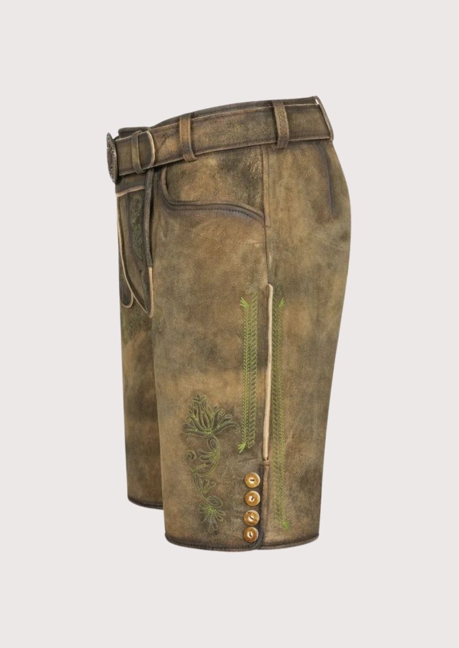 Traditional men’s leather lederhosen with adjustable fit and handcrafted embroidery – designed for comfort and heritage-style celebration.