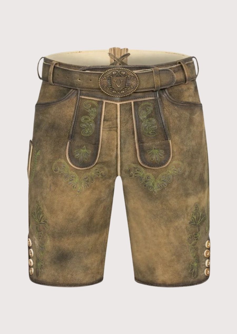 Oktoberfest men's lederhosen with green embroidery – premium Bavarian leather shorts for traditional German festivals and celebrations.
