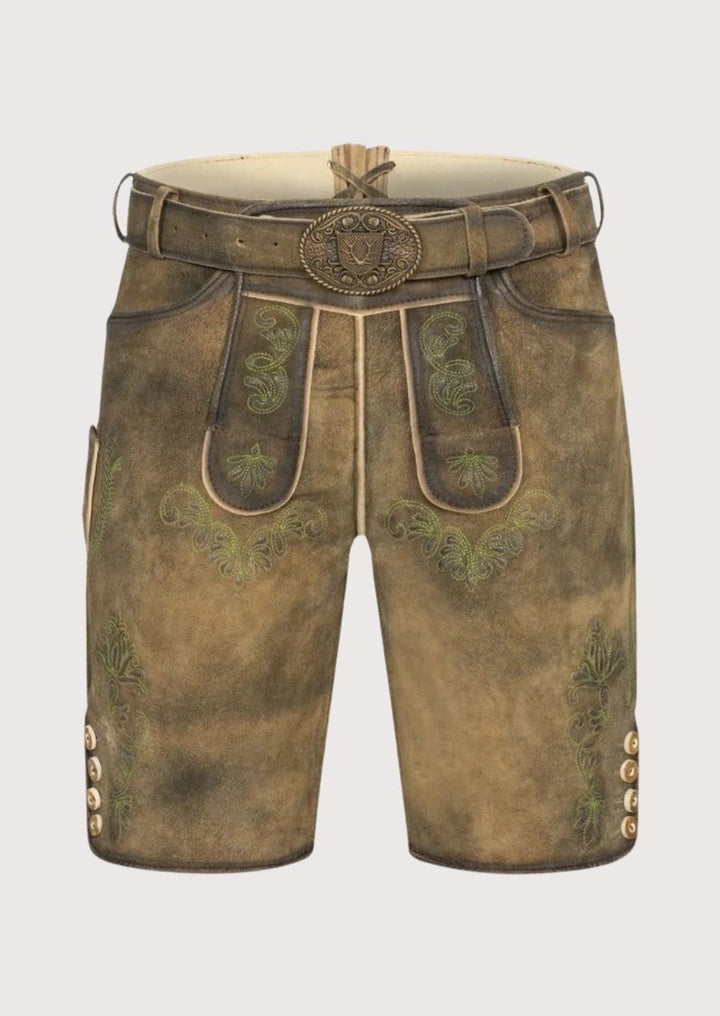 Oktoberfest men's lederhosen with green embroidery – premium Bavarian leather shorts for traditional German festivals and celebrations.