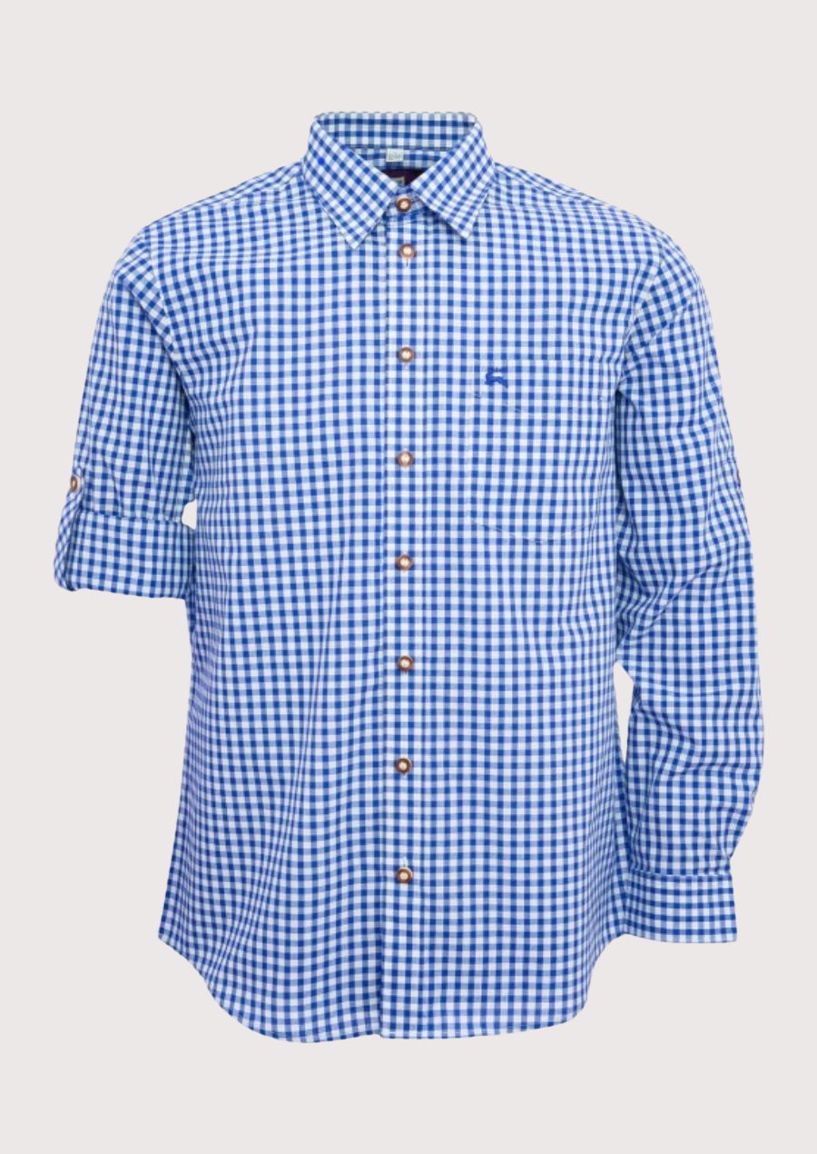 Oktoberfest Ready Trachten Shirt for Men – Blue Gingham Check with Mandarin Collar