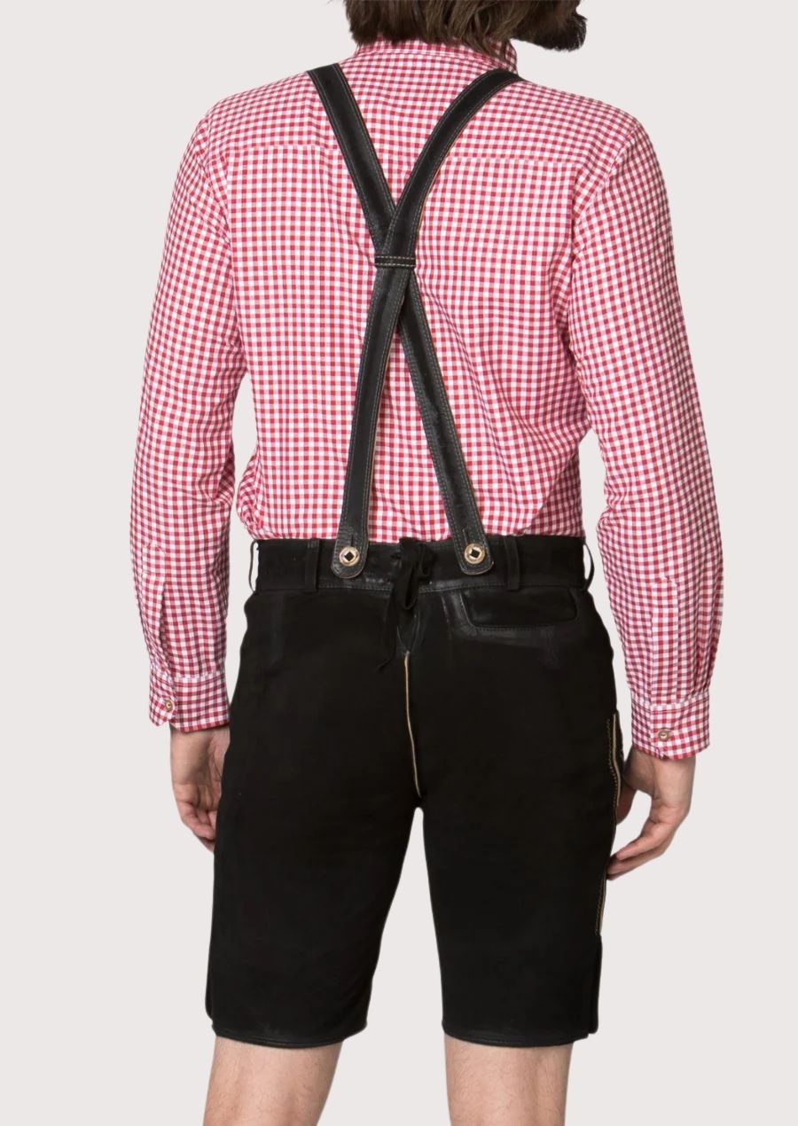 Comfortable men's Lederhosen with silver embroidery and high-quality leather, designed for Oktoberfest and weddings.
