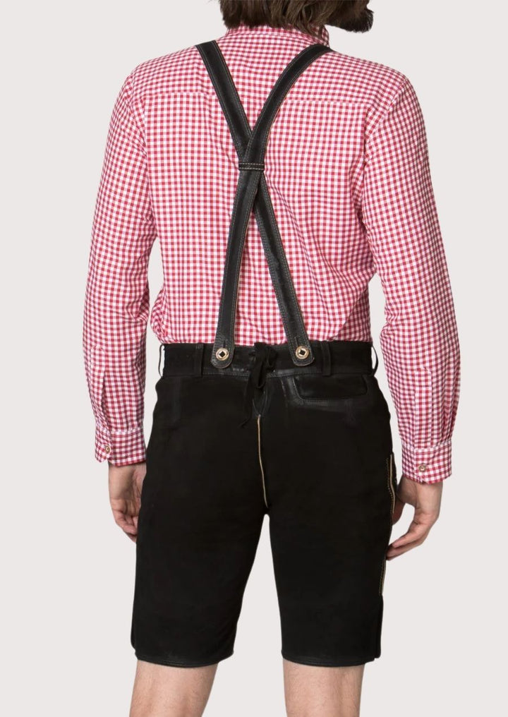 Comfortable men's Lederhosen with silver embroidery and high-quality leather, designed for Oktoberfest and weddings.