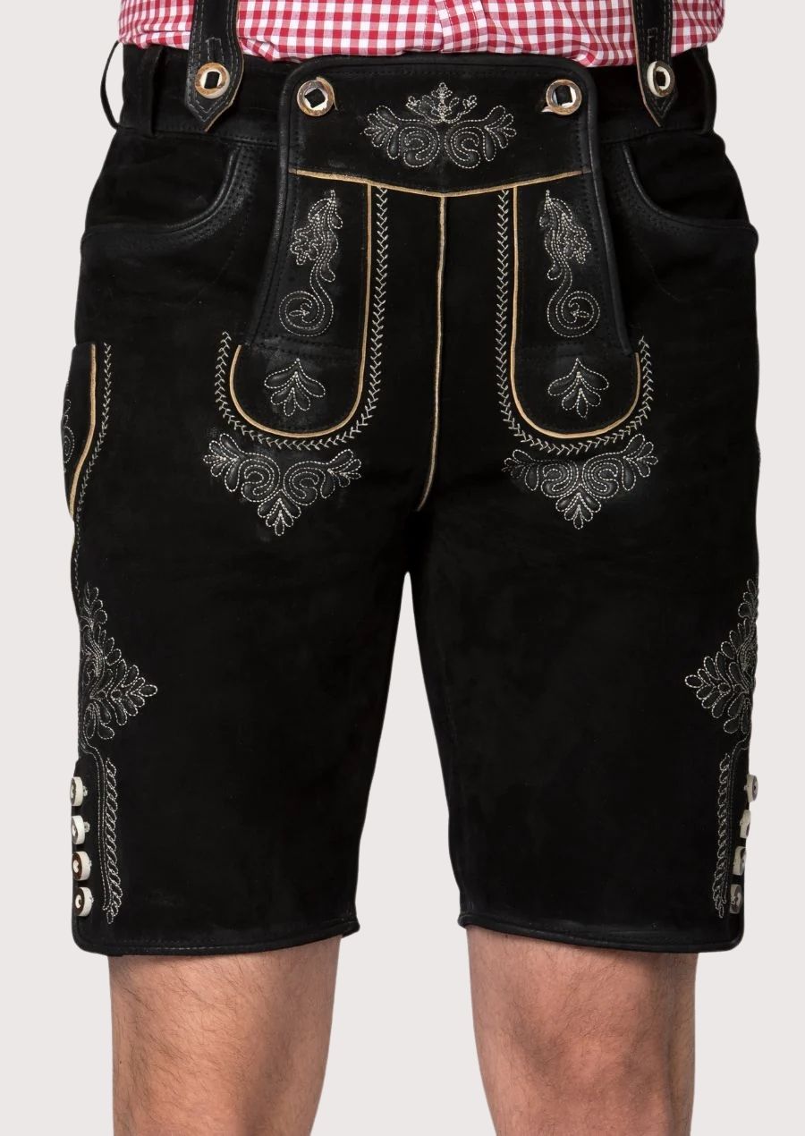 Oktoberfest-ready men's Lederhosen with premium black leather and detailed silver embroidery for traditional celebrations.