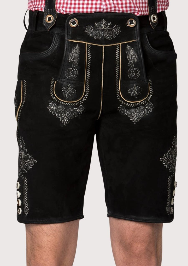 Oktoberfest-ready men's Lederhosen with premium black leather and detailed silver embroidery for traditional celebrations.