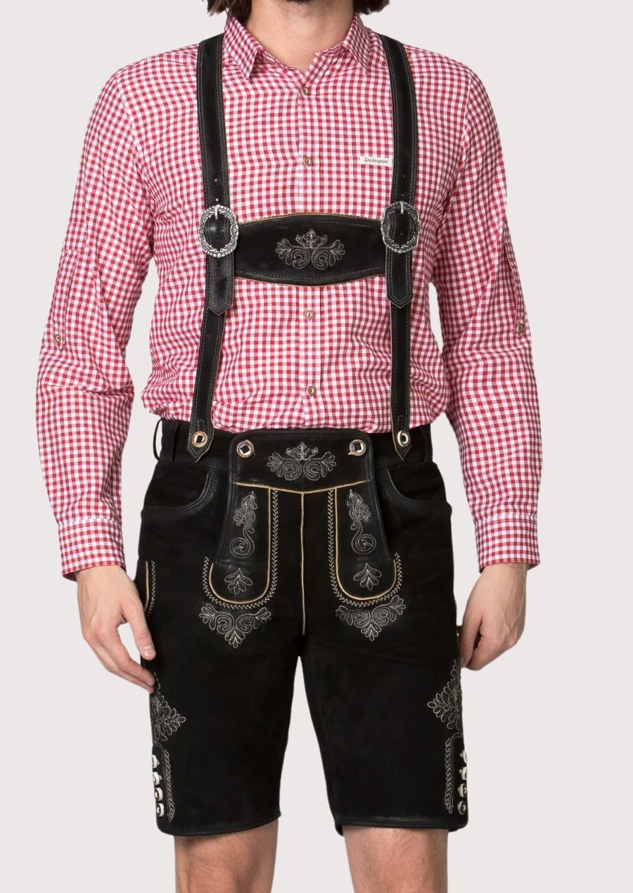 Authentic Bavarian men's Lederhosen made from high-quality leather, featuring silver embroidery for Oktoberfest celebrations.