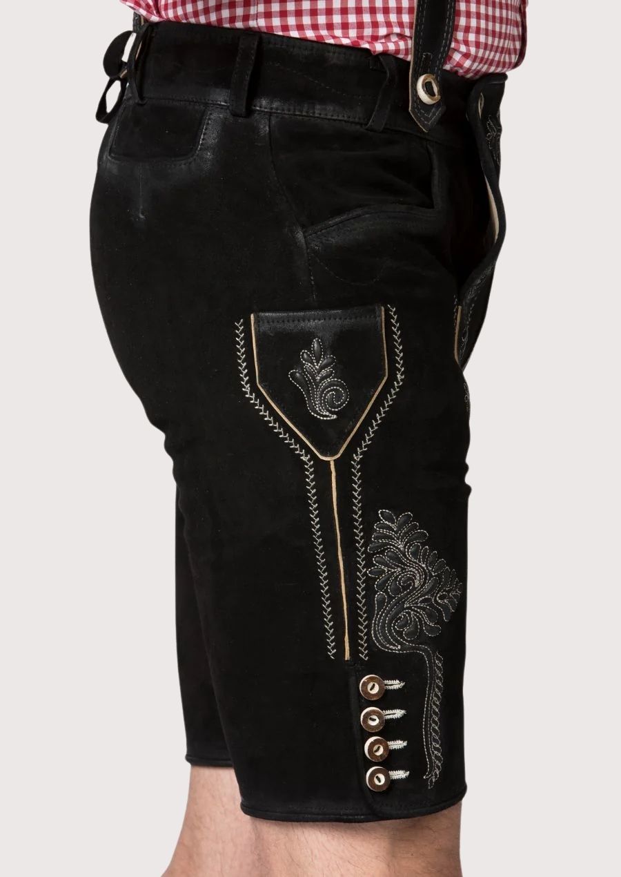 Traditional Bavarian men's Lederhosen with intricate silver stitching and metal buttons, crafted for cultural events.