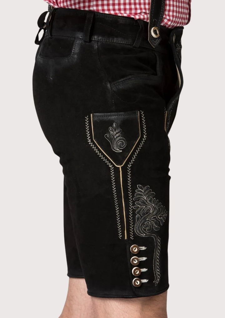 Traditional Bavarian men's Lederhosen with intricate silver stitching and metal buttons, crafted for cultural events.