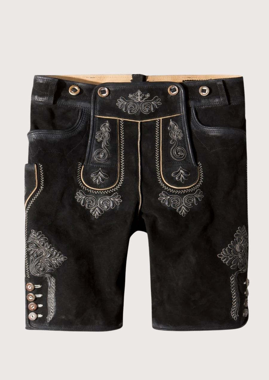 Premium black leather men's Lederhosen with intricate silver embroidery, ideal for Oktoberfest and cultural festivals.