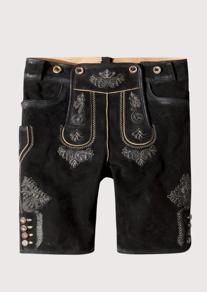 Premium black leather men's Lederhosen with intricate silver embroidery, ideal for Oktoberfest and cultural festivals.