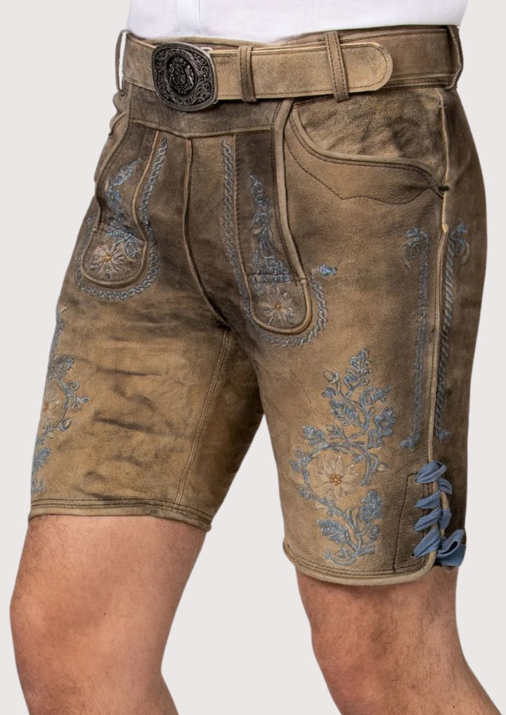 Oktoberfest tan lederhosen blue stitched leather shorts