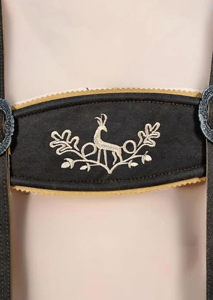 Premium dark leather lederhosen with suspenders, Bavarian embroidery details, traditional German festival shorts with classic Alpine styling.