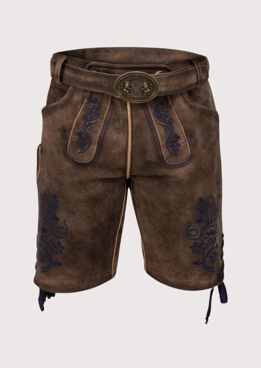 Premium leather men's Lederhosen with blue floral embroidery, perfect for Oktoberfest and cultural events.