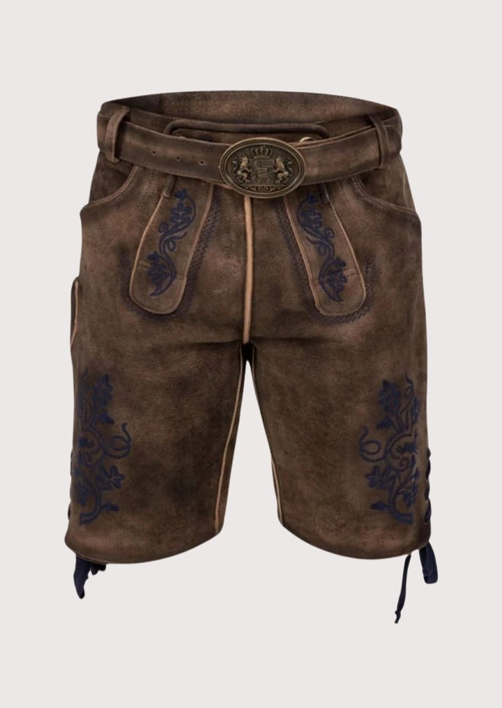 Premium leather men's Lederhosen with blue floral embroidery, perfect for Oktoberfest and cultural events.