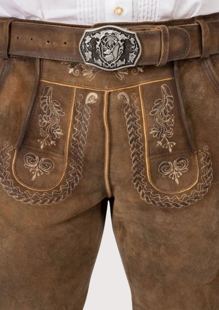 Traditional German-style Bundhosen for men, featuring premium leather and detailed embroidery, ideal for winter occasions.