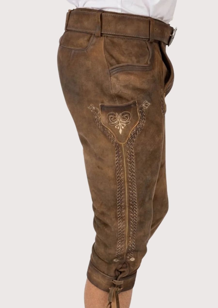 High-quality leather Bundhosen for men with adjustable cuffs and belt for a custom fit and timeless style.