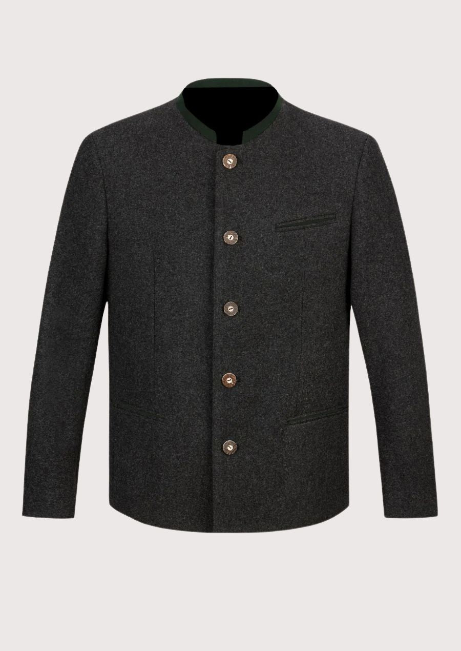 Dark grey wool Trachten jacket for men with traditional buttons and green collar detail

