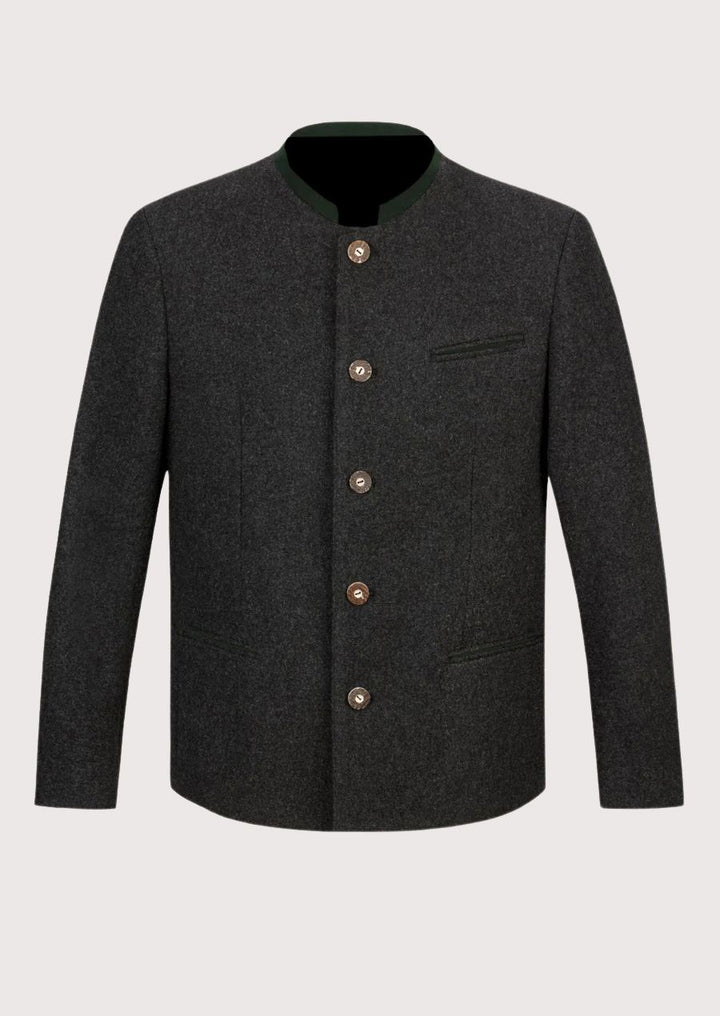 Dark grey wool Trachten jacket for men with traditional buttons and green collar detail

