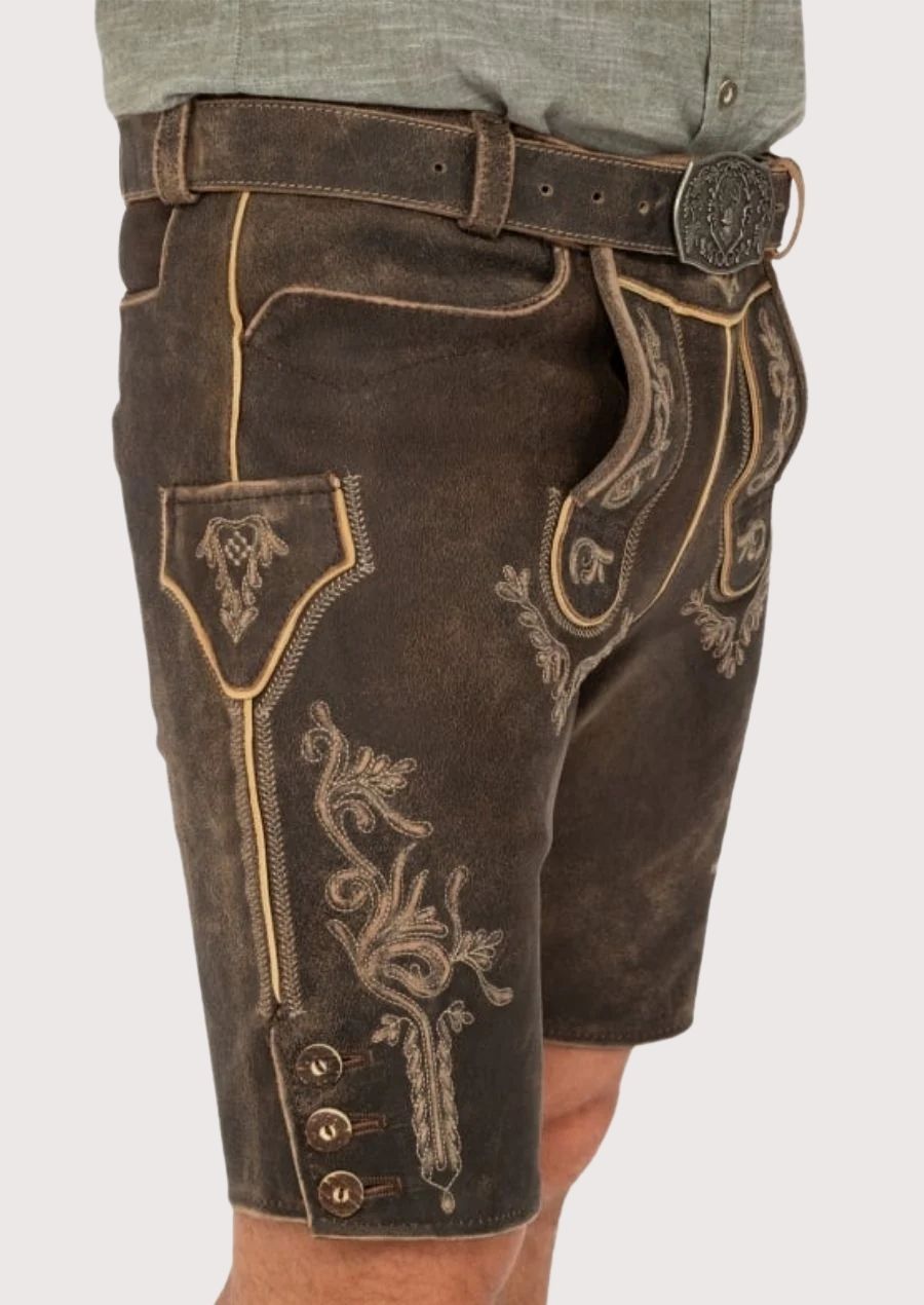 Classic Bavarian Lederhosen for men, designed with elegant embroidery and premium leather for Oktoberfest celebrations.
