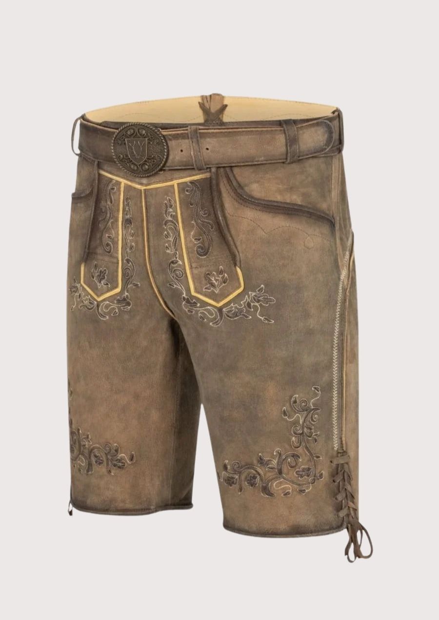 Traditional Bavarian lederhosen with gold stitching for Oktoberfest celebrations

