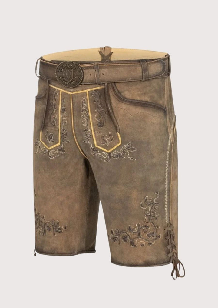 Traditional Bavarian lederhosen with gold stitching for Oktoberfest celebrations

