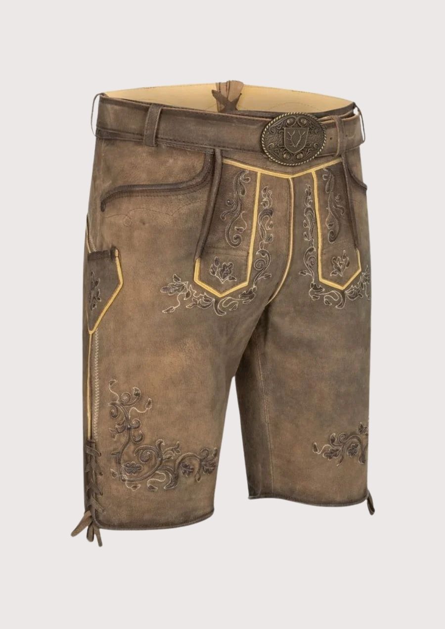 Genuine leather men's lederhosen with decorative stitching and adjustable laces