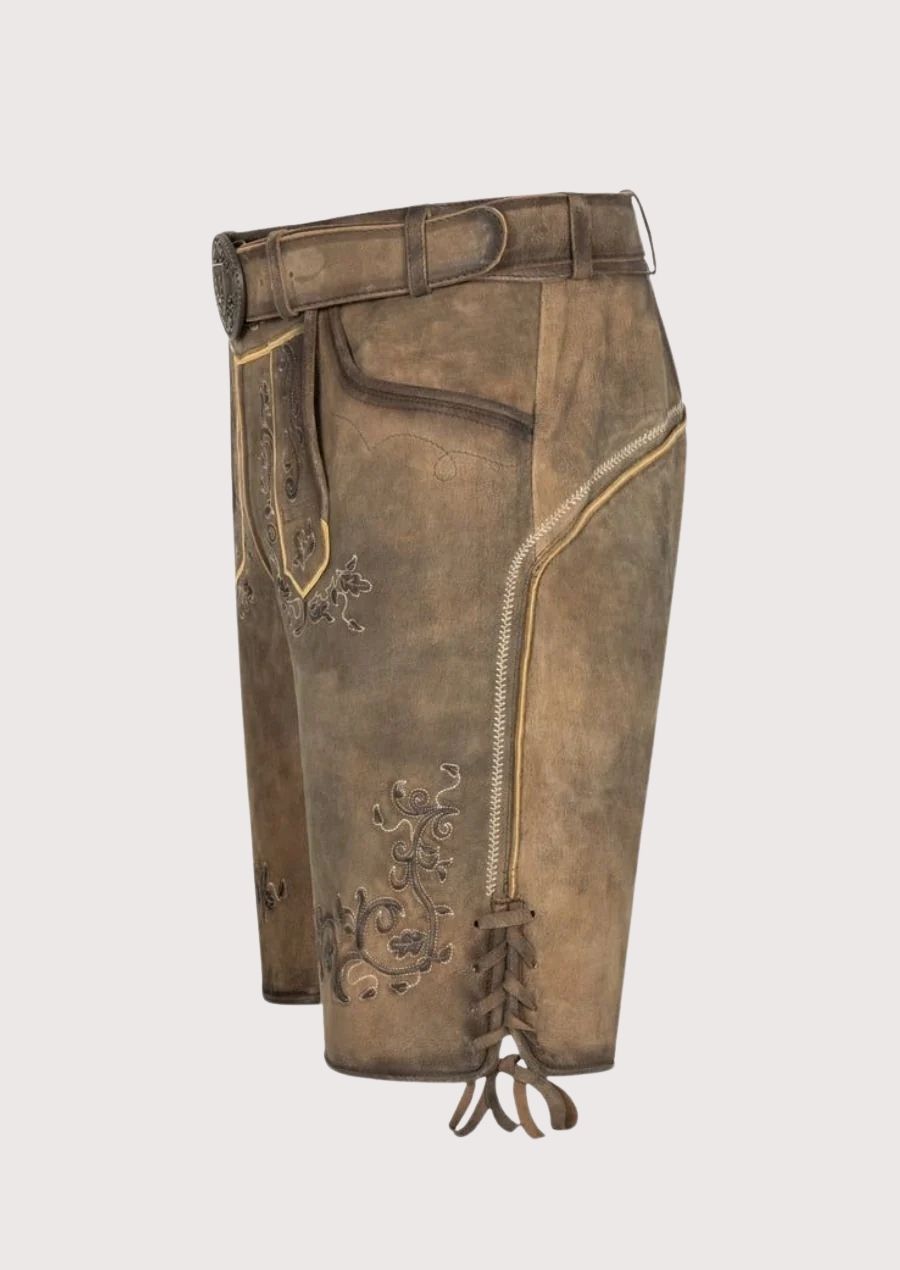 Stylish brown suede lederhosen for men with elegant golden accents and belt