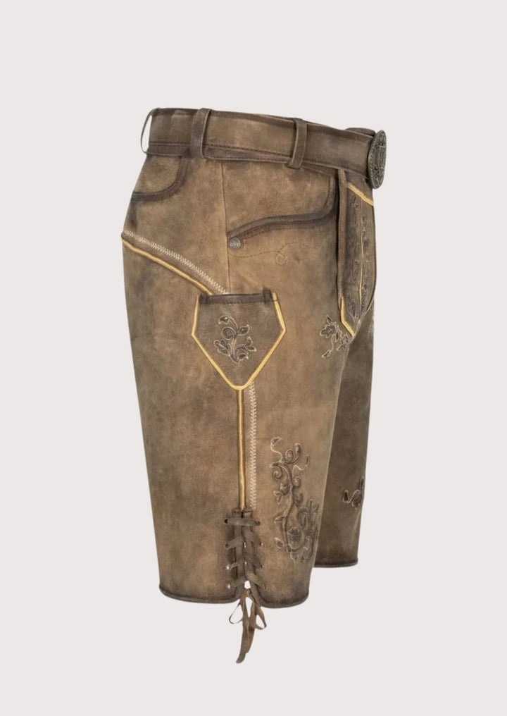Authentic Bavarian costume shorts for men featuring floral embroidery and belt buckle