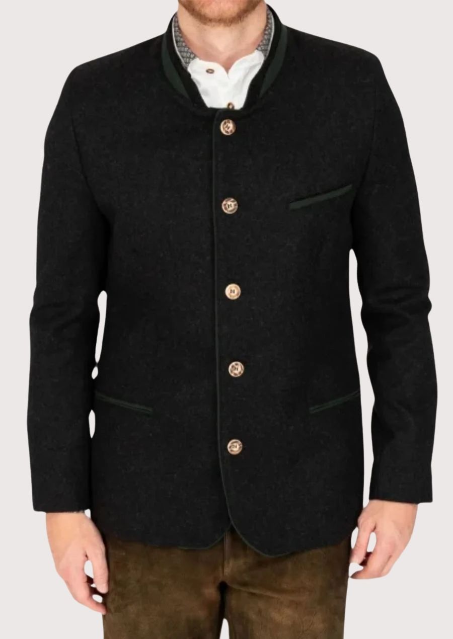 100% Wool Men’s Trachten Jacket with Rustic Wooden Buttons and Velvet Collar
